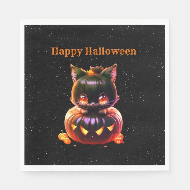 Halloween Party Black Cat Pumpkin Horror Scary Napkins (Front)
