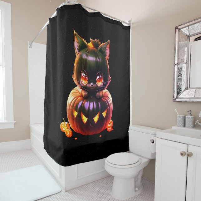 Halloween Party Black Cat Pumpkin Horror Scary Shower Curtain (In Situ)