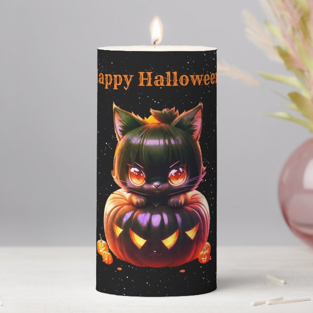 Halloween Party Black Cat Pumpkin Night Horror Pillar Candle (In Situ)