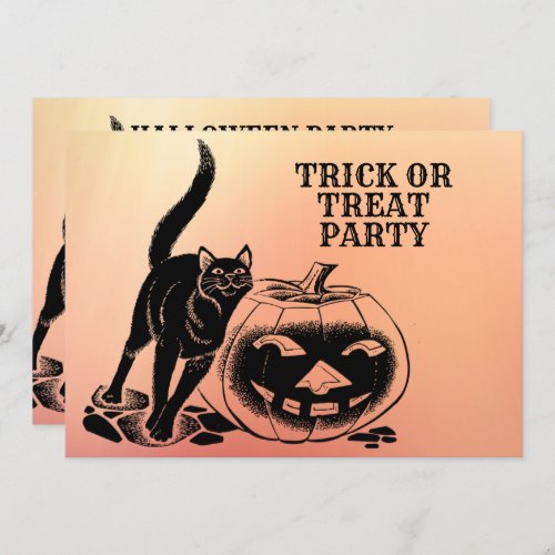 Halloween Party Black Cat Pumpkin Orange Scary Invitation