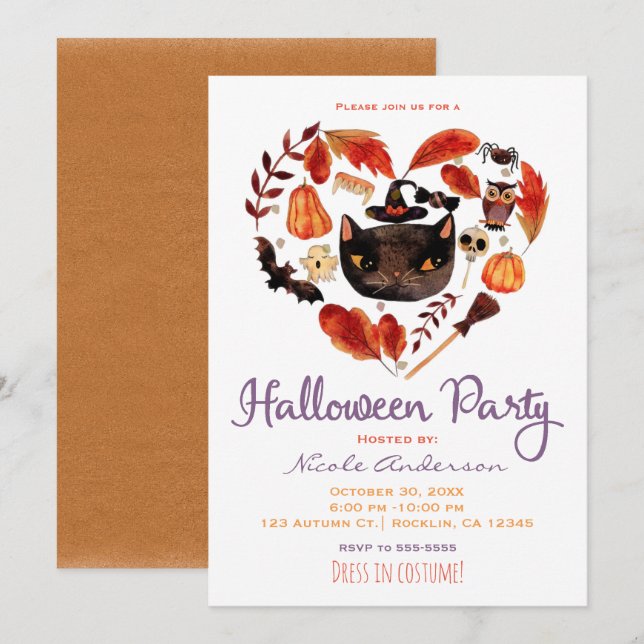 Halloween Party Black Cat Watercolor Whimsical Invitation (Front/Back)