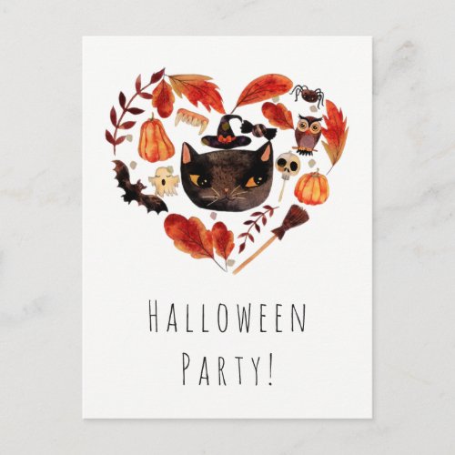 Halloween Party Black Cat Watercolor Whimsical Invitation Postcard