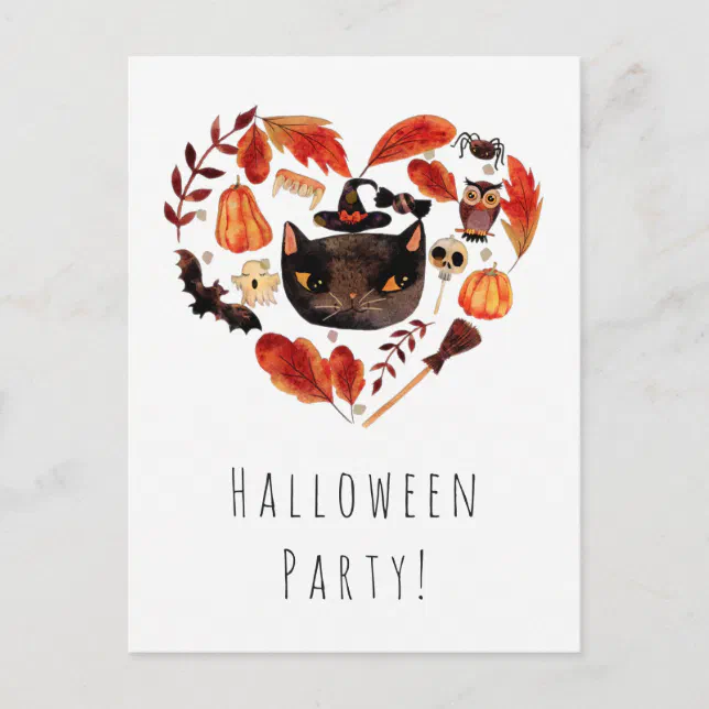 Halloween Party Black Cat Watercolor Whimsical Invitation Postcard | Zazzle