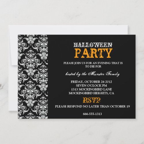 Halloween Party - Black Gothic Damask Announcements