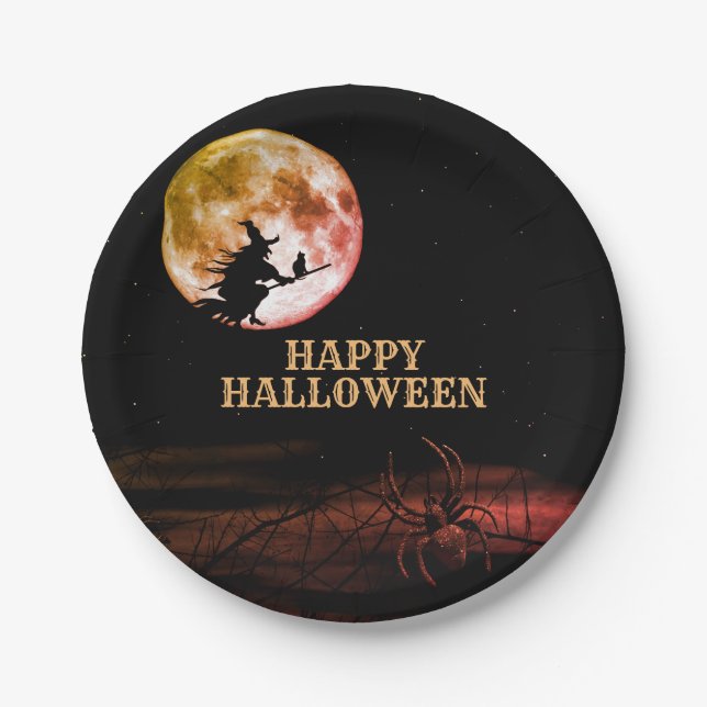 Halloween Party Black Night Full Moon Scary Paper Plates (Front)