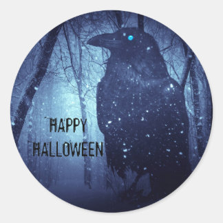Halloween Party Black Raven Crow Blue Forest Classic Round Sticker