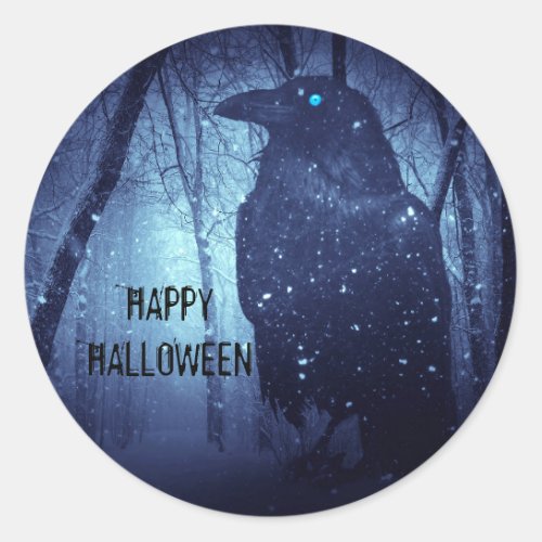 Halloween Party Black Raven Crow Blue Forest Classic Round Sticker