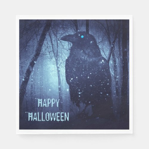 Halloween Party Black Raven Crow Blue Forest Napkins