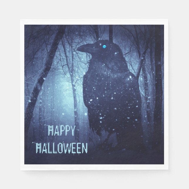 Halloween Party Black Raven Crow Blue Forest Napkins (Front)