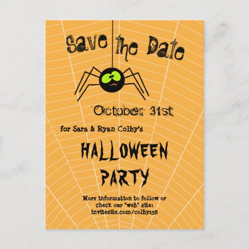 Halloween Party Black Spider Orange Save the Date Announcement Postcard