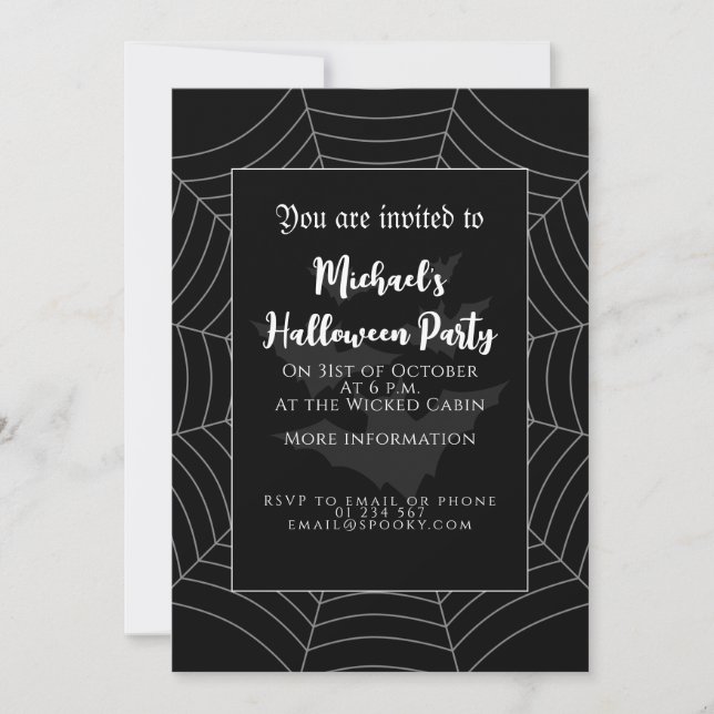 Halloween Party Black white gray spider web bats Invitation (Front)