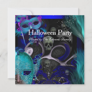 Halloween Party Blue Teal Masks Masquerade Party Invitation
