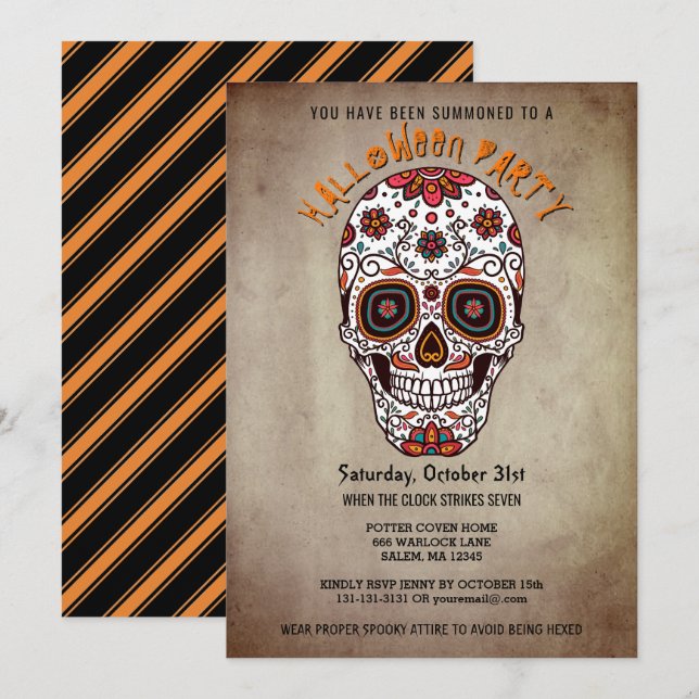 Halloween Party Bright Sugar Skull Day of the Dead Invitation (Front/Back)