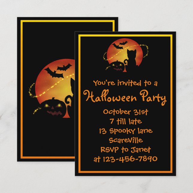 Halloween Party Cat Pumpkin and Bats Invitation (Front/Back)