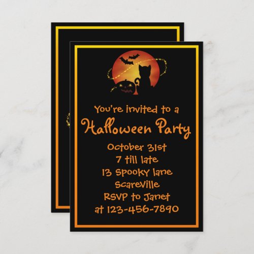 Halloween Party Cat Pumpkin and Bats Invitation