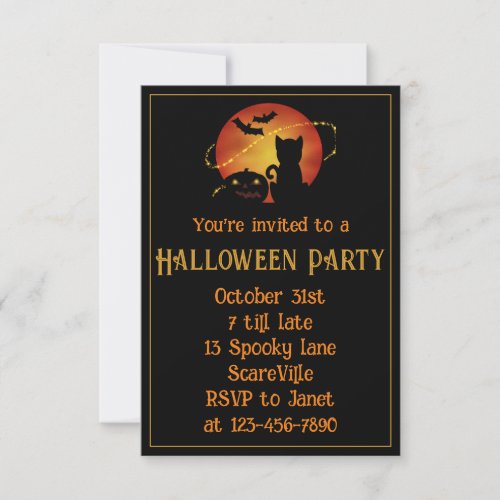 Halloween Party Cat Pumpkin and Bats Invitation