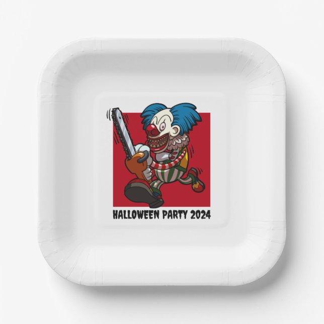 Halloween Party Crazy Chainsaw Clown Edit The Text Paper Plates (Front)