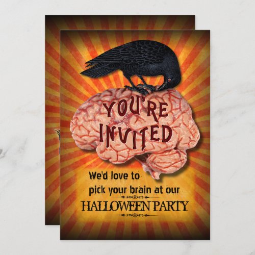 Halloween Party _ Creepy Raven on Brain Custom Invitation