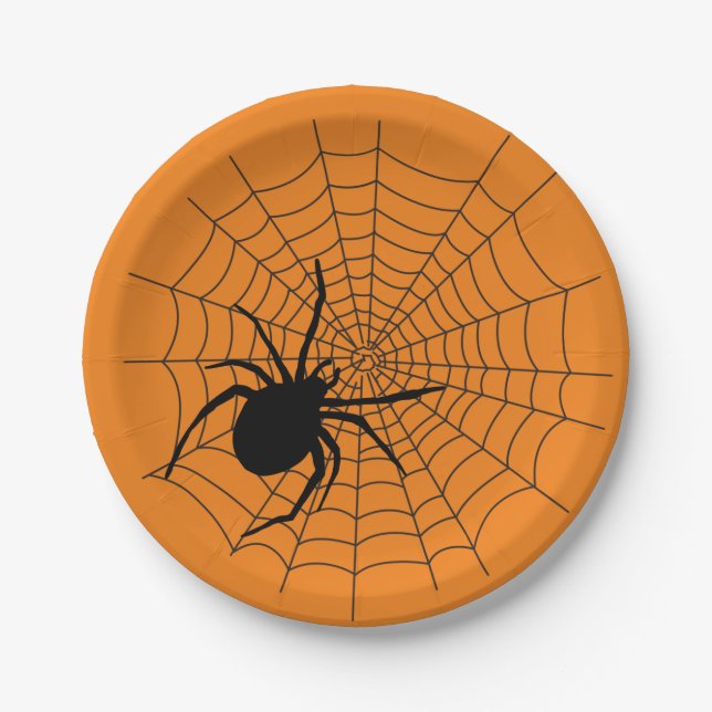 Halloween Party Creepy Spider Web Orange Black Paper Plates (Front)