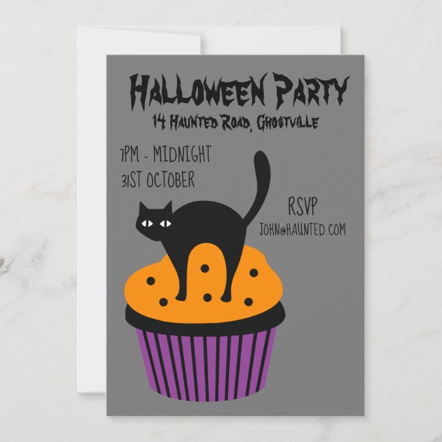 Halloween party cupcake cat black and orange invitation (Front)
