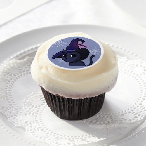 Halloween Party  Cute Black Witch Cat Drawing Edible Frosting Rounds