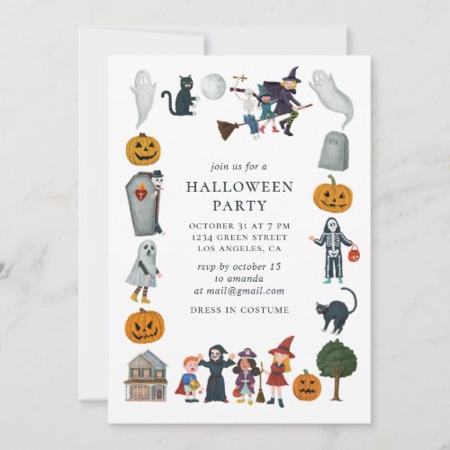 Halloween party Cute pumpkin witch skeleton Invitation