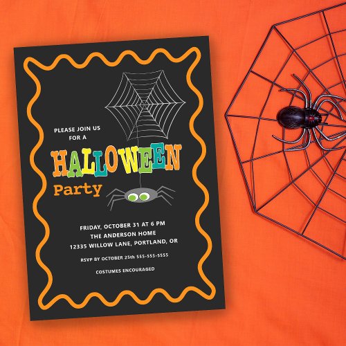 Halloween Party Cute Spider Colorful Typography Invitation