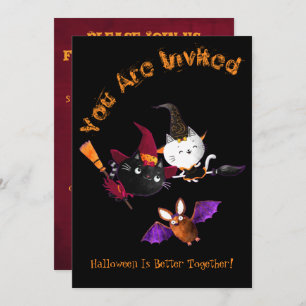 Halloween Party Cute Witch Cats Brooms Bat Kettle Invitation