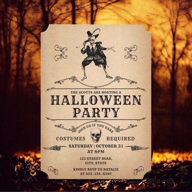 Halloween Party Dancing Skeleton Gothic Vintage Invitation (Vintage gothic Halloween party invitation against a spooky forest background. )