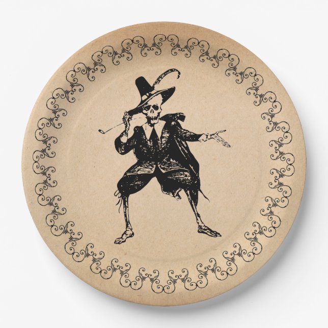 Halloween Party Dancing Skeleton Gothic Vintage Paper Plates (Front)