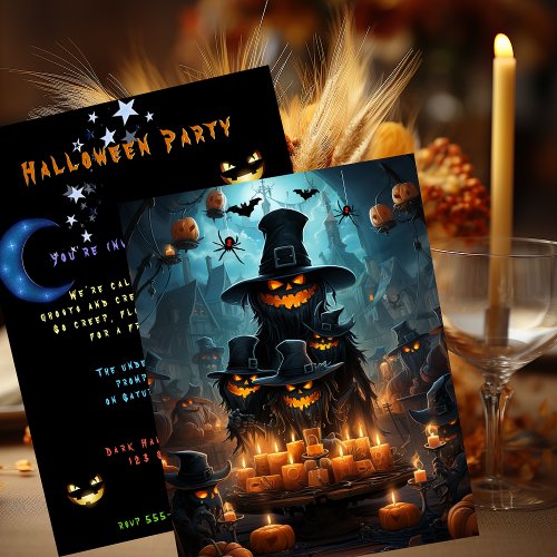 Halloween Party Dark Creepy Pumpkins Bats Spiders Invitation