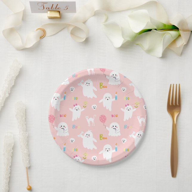 Halloween Party Decor Pink Ghost Paper Plates (Wedding)