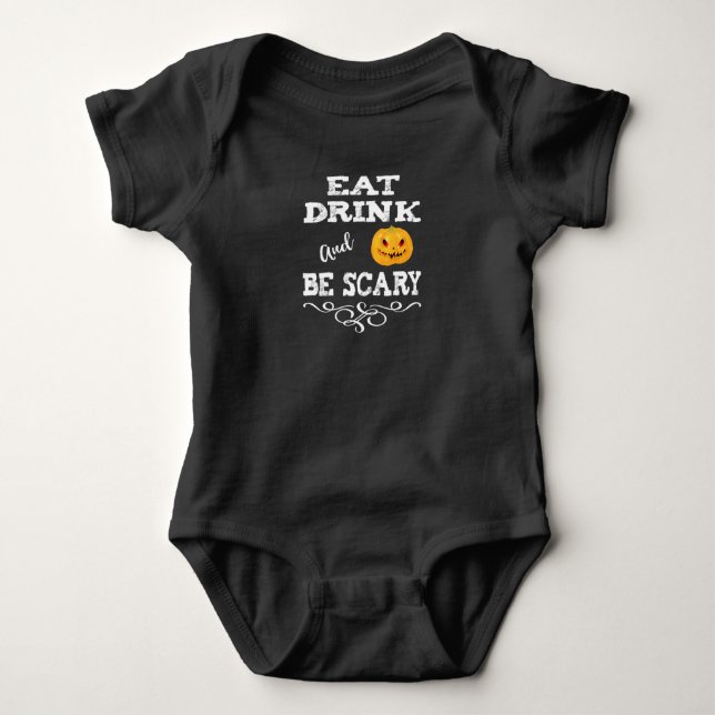 Halloween Party Eat Drink & Be Scary Pumpkin Face Baby Bodysuit (Front)