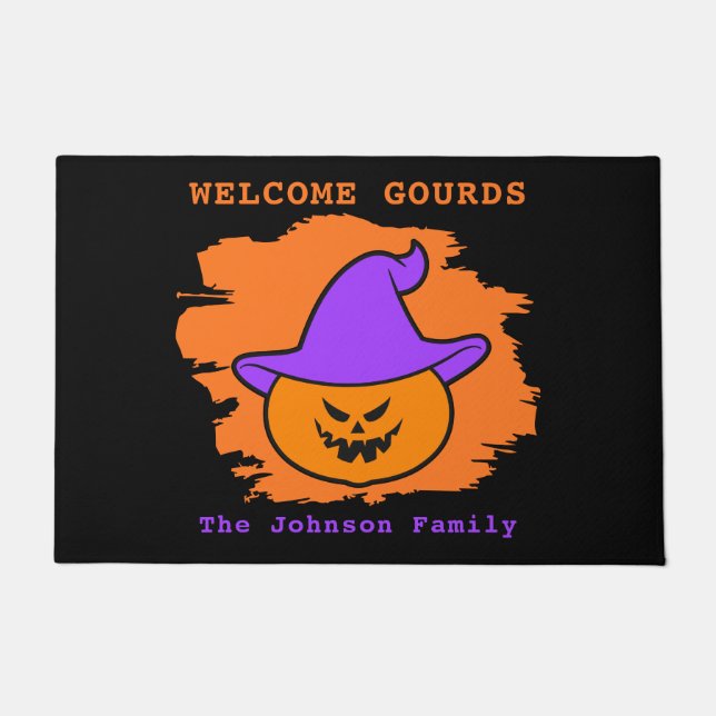 Halloween Party Eerie Jack o' Lantern Purple Hat Doormat (Front)