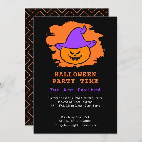 Halloween Party Eerie Jack o Lantern Purple Hat Invitation