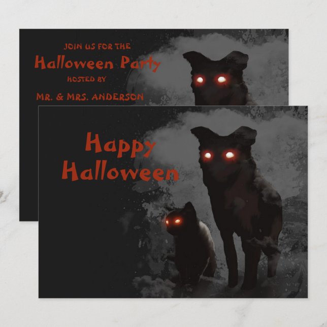 Halloween Party Evil Black Cat And Dog Invitation (Front/Back)