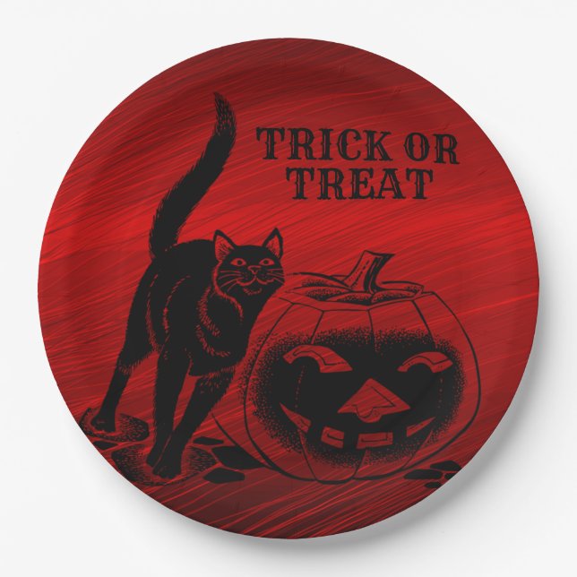 Halloween Party Evil Black Cat Pumpkin Red Scary Paper Plates (Front)