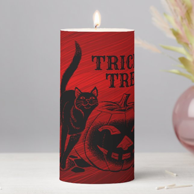 Halloween Party Evil Black Cat Pumpkin Red Scary Pillar Candle (In Situ)