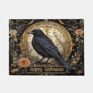 Halloween Party Evil Black Crow Orange Flowers Doormat