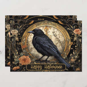 Halloween Party Evil Black Crow Orange Flowers Invitation