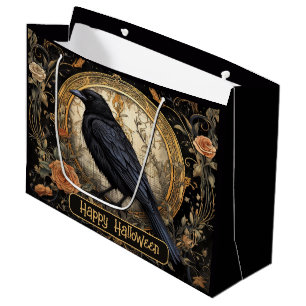 Halloween Party Evil Black Crow Orange Flowers Large Gift Bag