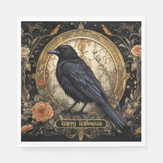 Halloween Party Evil Black Crow Orange Flowers Napkins