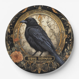 Halloween Party Evil Black Crow Orange Flowers Paper Plates