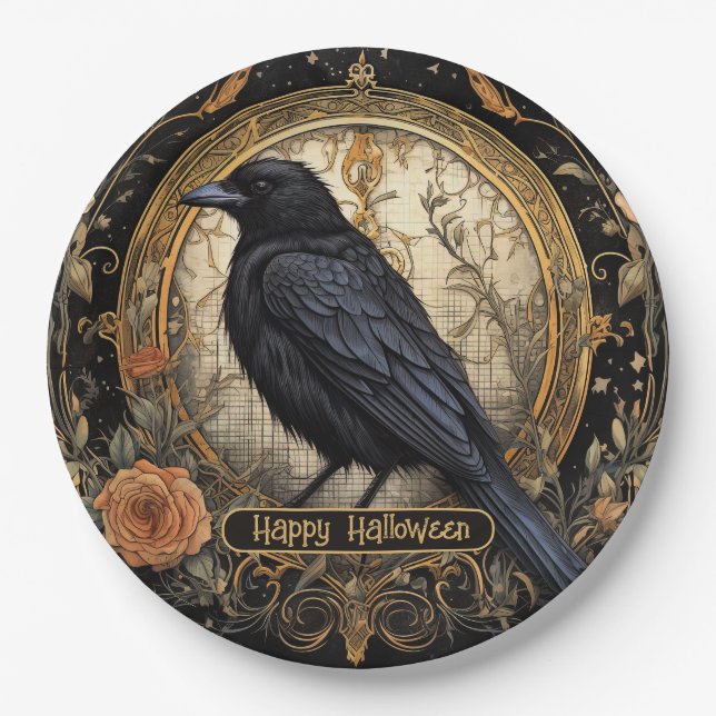 Halloween Party Evil Black Crow Orange Flowers Paper Plates (Front)
