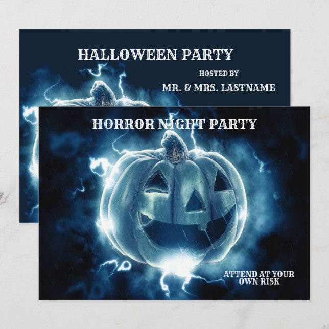 Halloween Party Evil Blue Pumpkin Horror Scary Invitation (Front/Back)