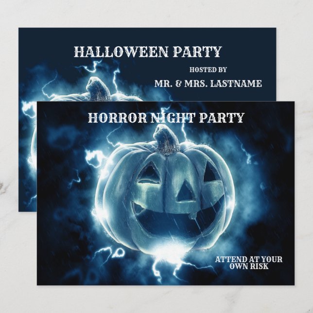 Halloween Party Evil Blue Pumpkin Horror Scary Invitation (Front/Back)