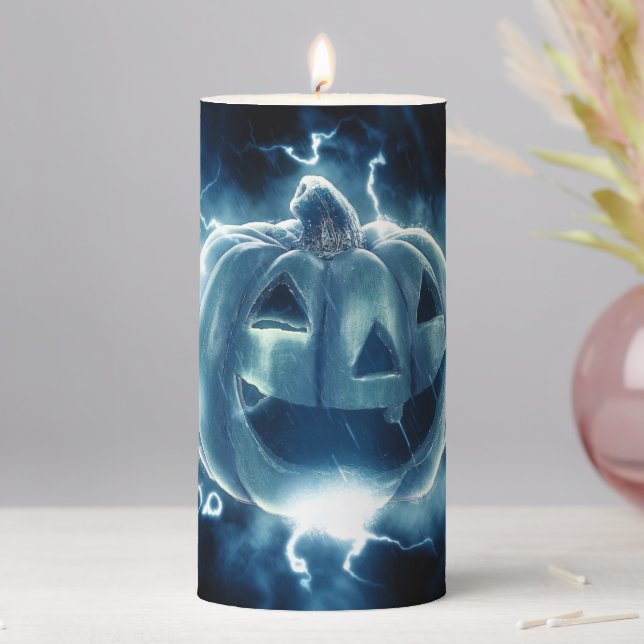 Halloween Party Evil Blue Pumpkin Horror Scary Pillar Candle (In Situ)