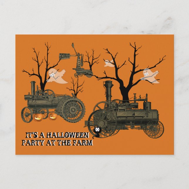 HALLOWEEN PARTY @ FARM STEAM ENGINE WINDMILL GHOST INVITATION POSTCARD (Front)