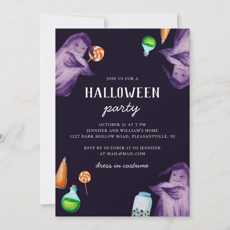 Halloween party. Funny purple watercolor ghost Invitation | Zazzle