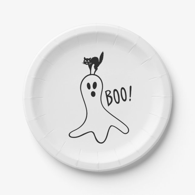 Halloween Party Ghost and Black Cat Spooky Cute Paper Plates (Front)